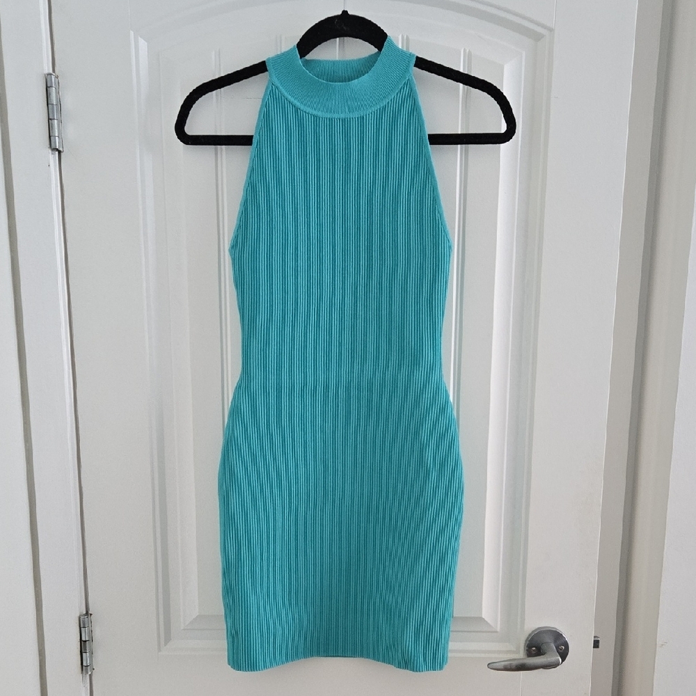 Babaton Blue Ribbed Bodycon Mini Dress